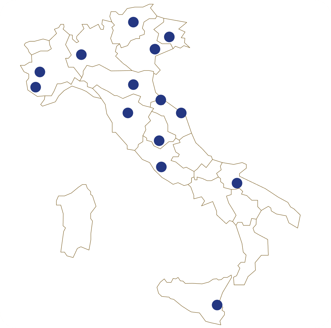 cartina dell'italia con indicazione della posizione di tutti i centri di mobilità presenti nel territorio